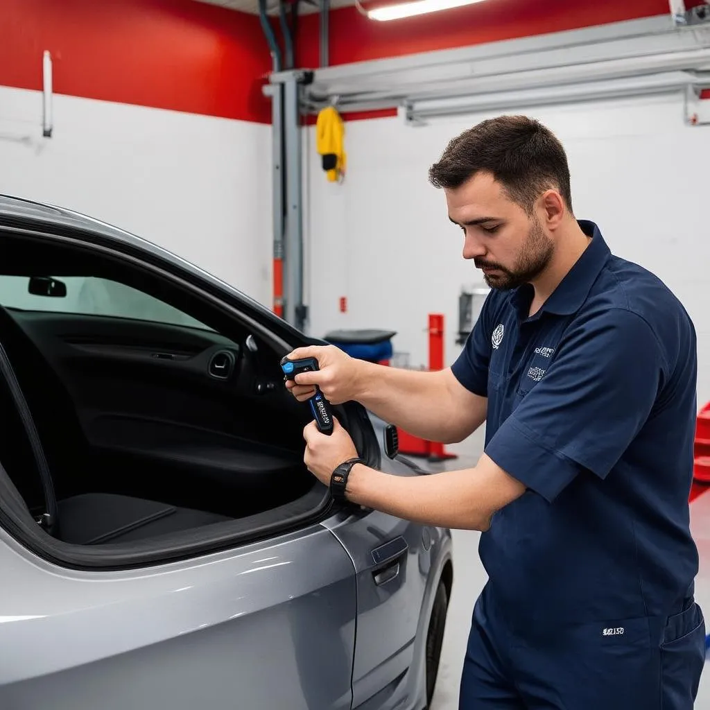 Mécanicien utilisant un outil de diagnostic sur une voiture