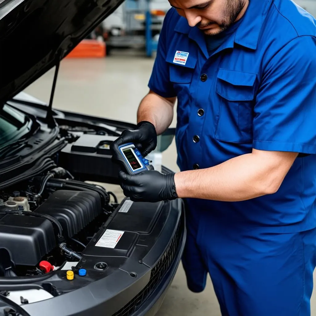 Mécanicien utilisant un outil de diagnostic