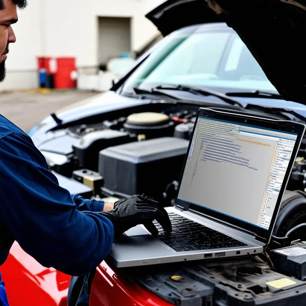 car mechanic using laptop with hex editor