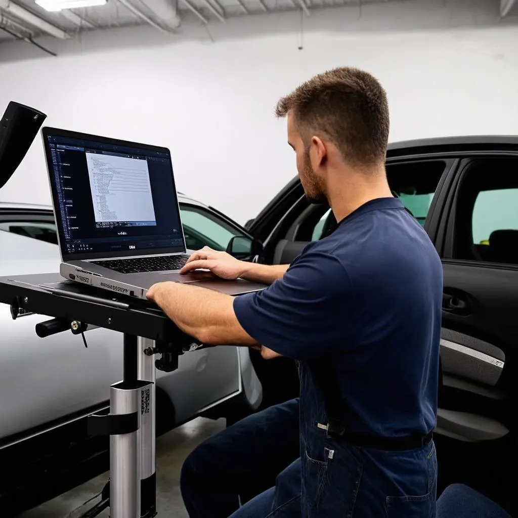 Mécanicien utilisant un ordinateur portable dans une voiture