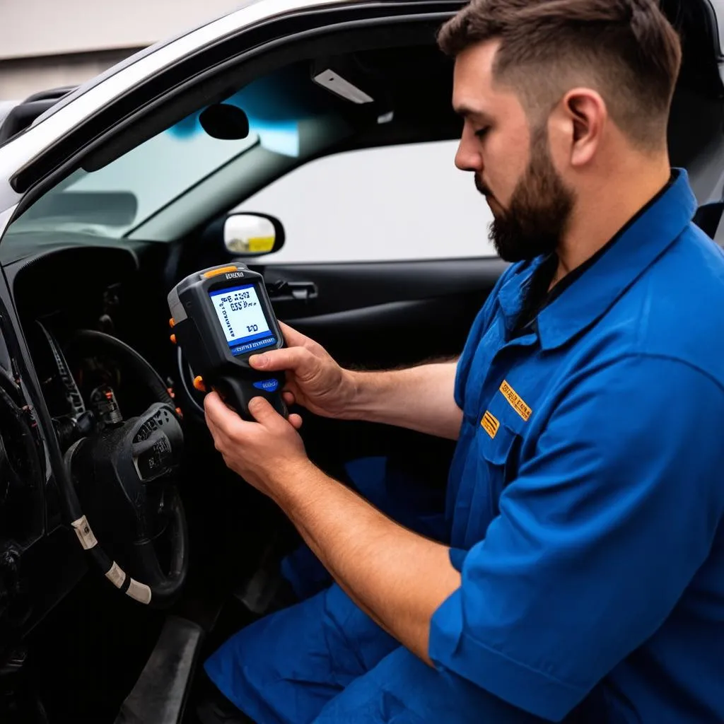 Mécanicien utilisant un scanner OBD sur une voiture