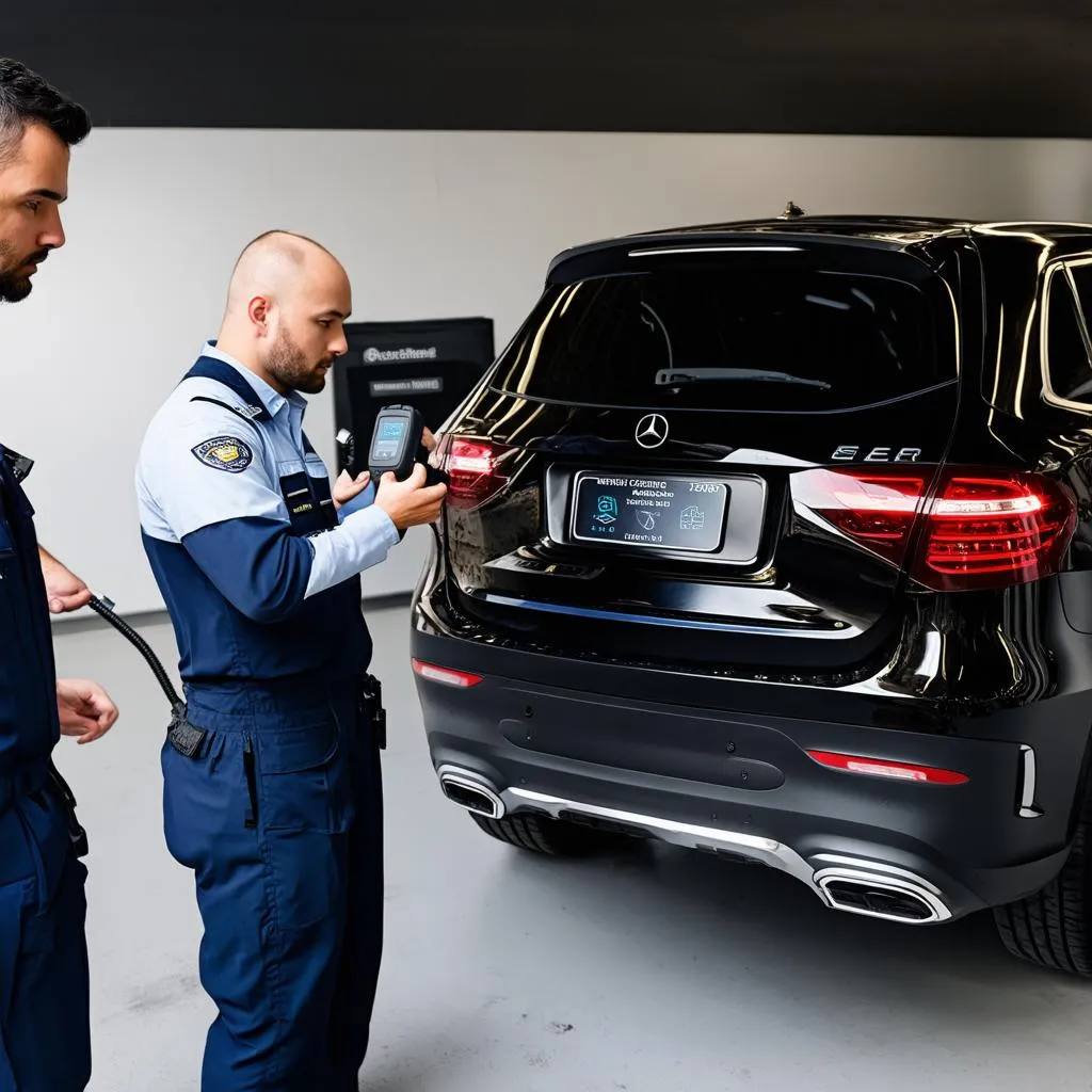 Mécanicien utilisant un scanner OBD sur une Mercedes-Benz GLC