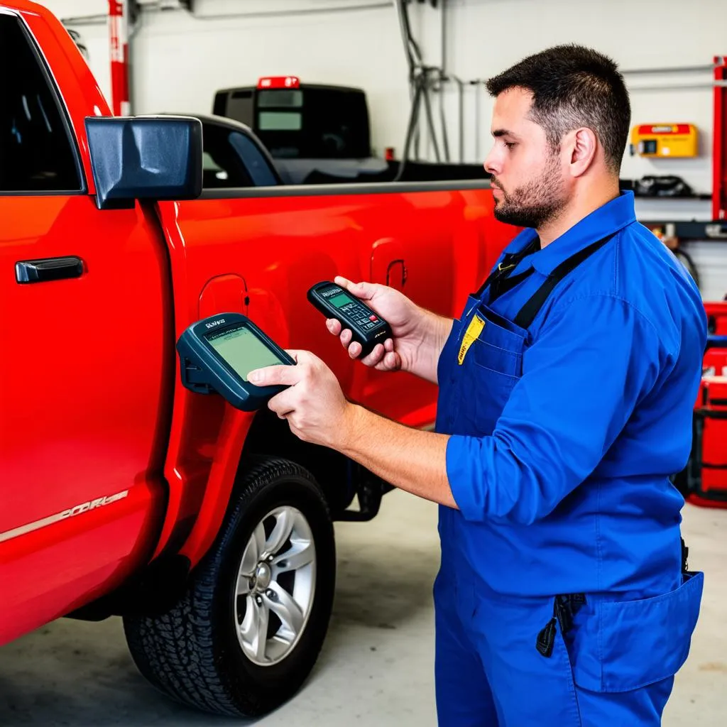 Mechanic Using OBD Scanner on Dodge Ram 1500