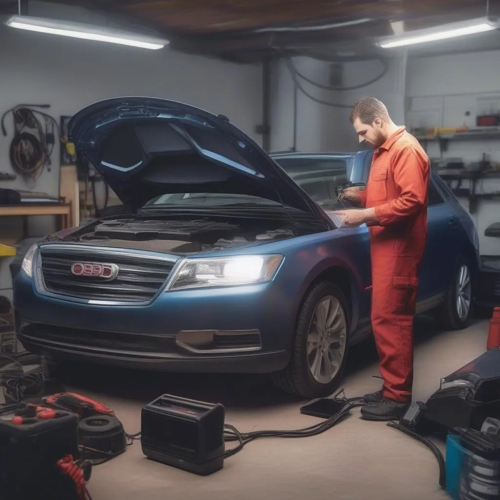 Mechanic using an OBD scanner on a car