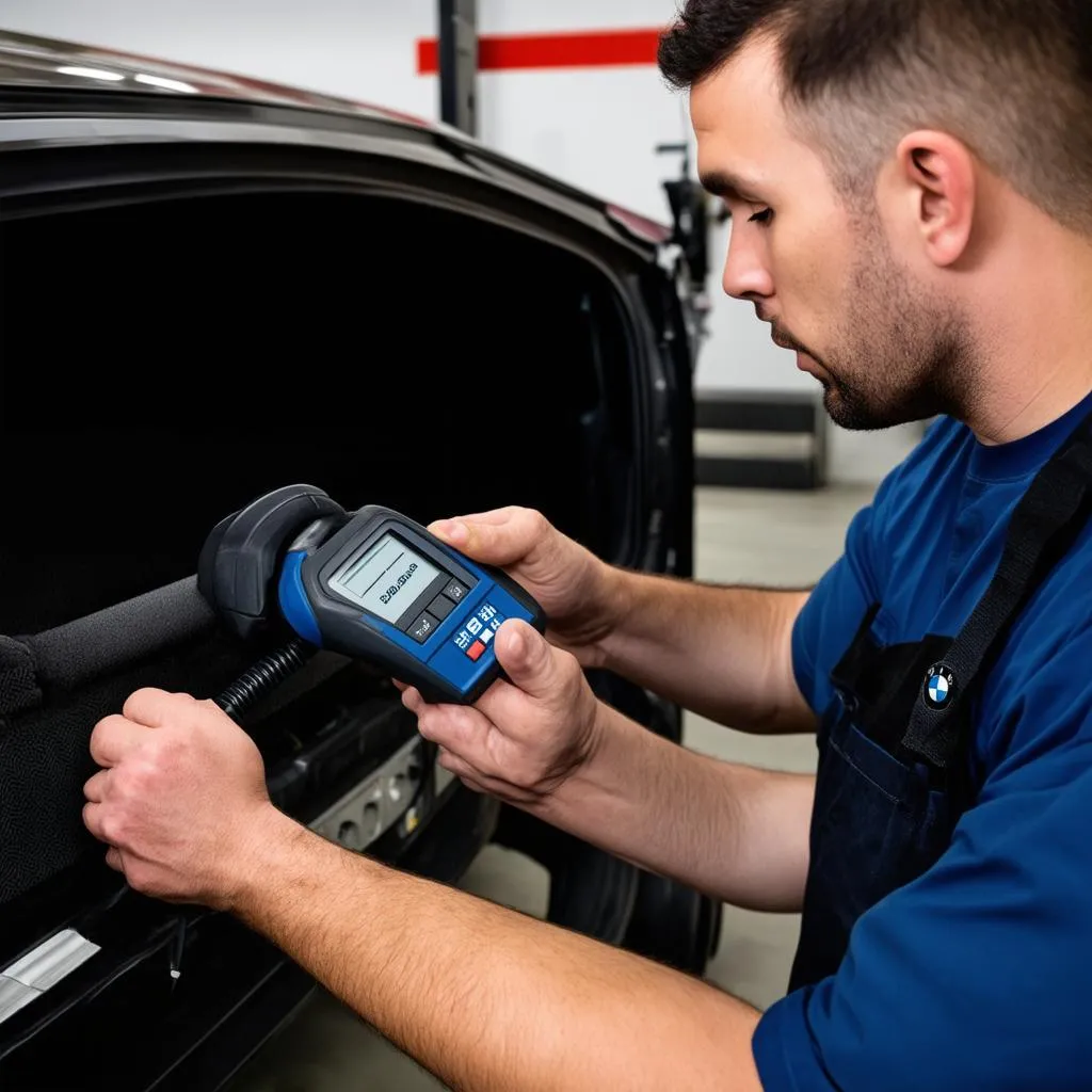 Mechanic using OBD scanner on a BMW E60