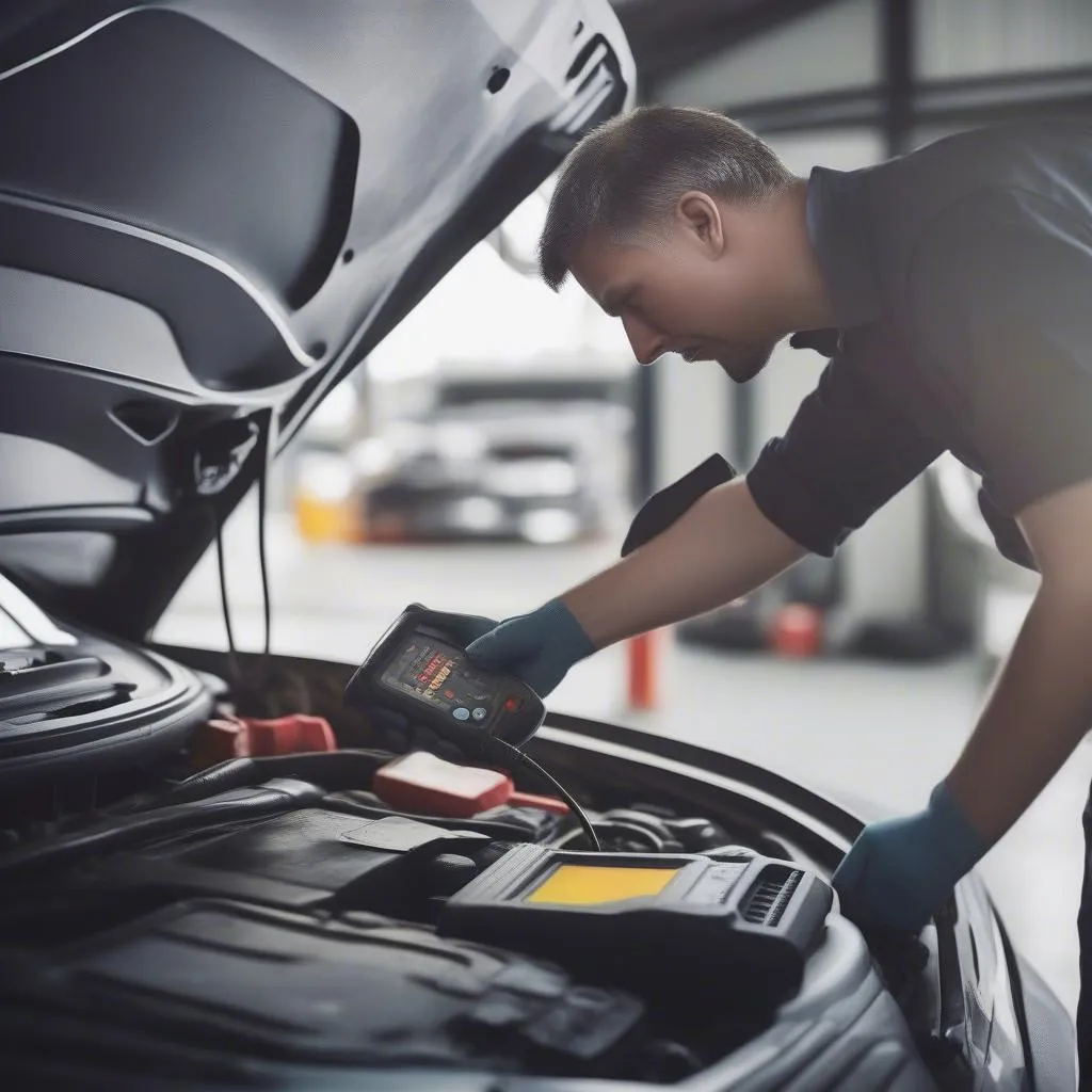 Mécanicien utilisant un scanner OBD sur une voiture