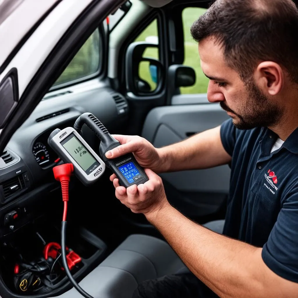 Mécanicien utilisant un scanner OBD sur une Citroën Berlingo