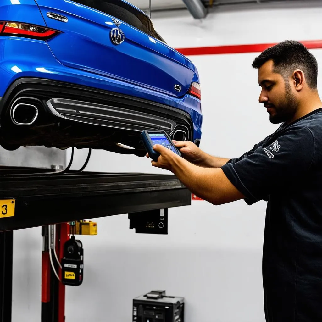 Mechanic using an OBD2 scanner on a car