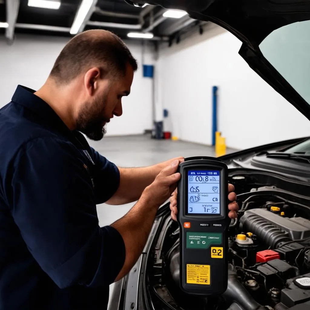 Mechanic using OBD2 scanner on a car