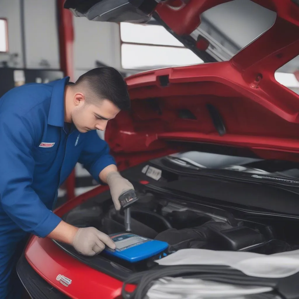 Mechanic using an OBD2 scanner on a car