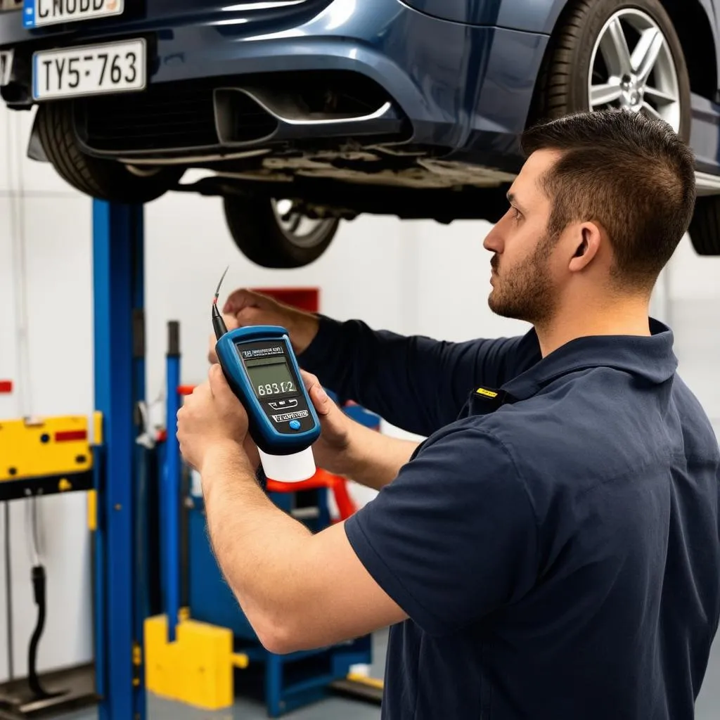 Mechanic using OBD2 scanner in workshop