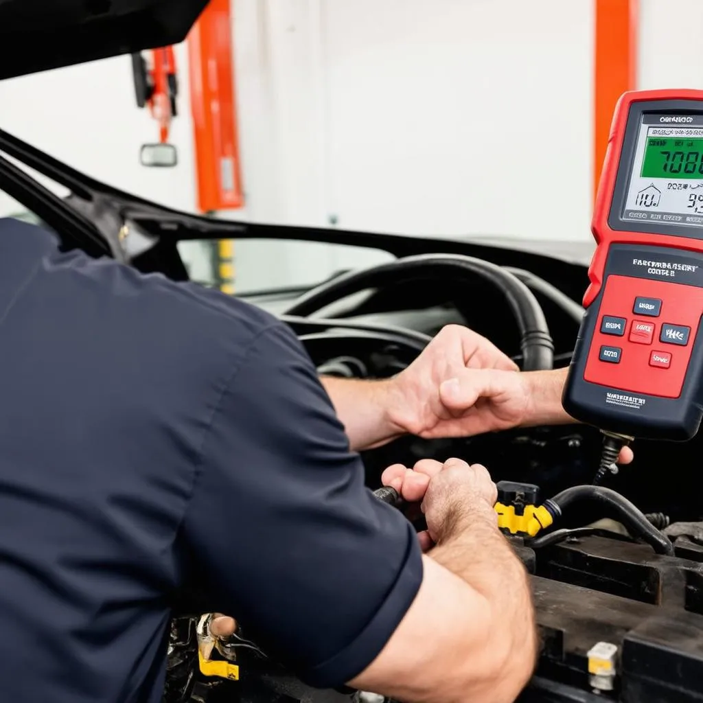 Mechanic using an OBD scanner