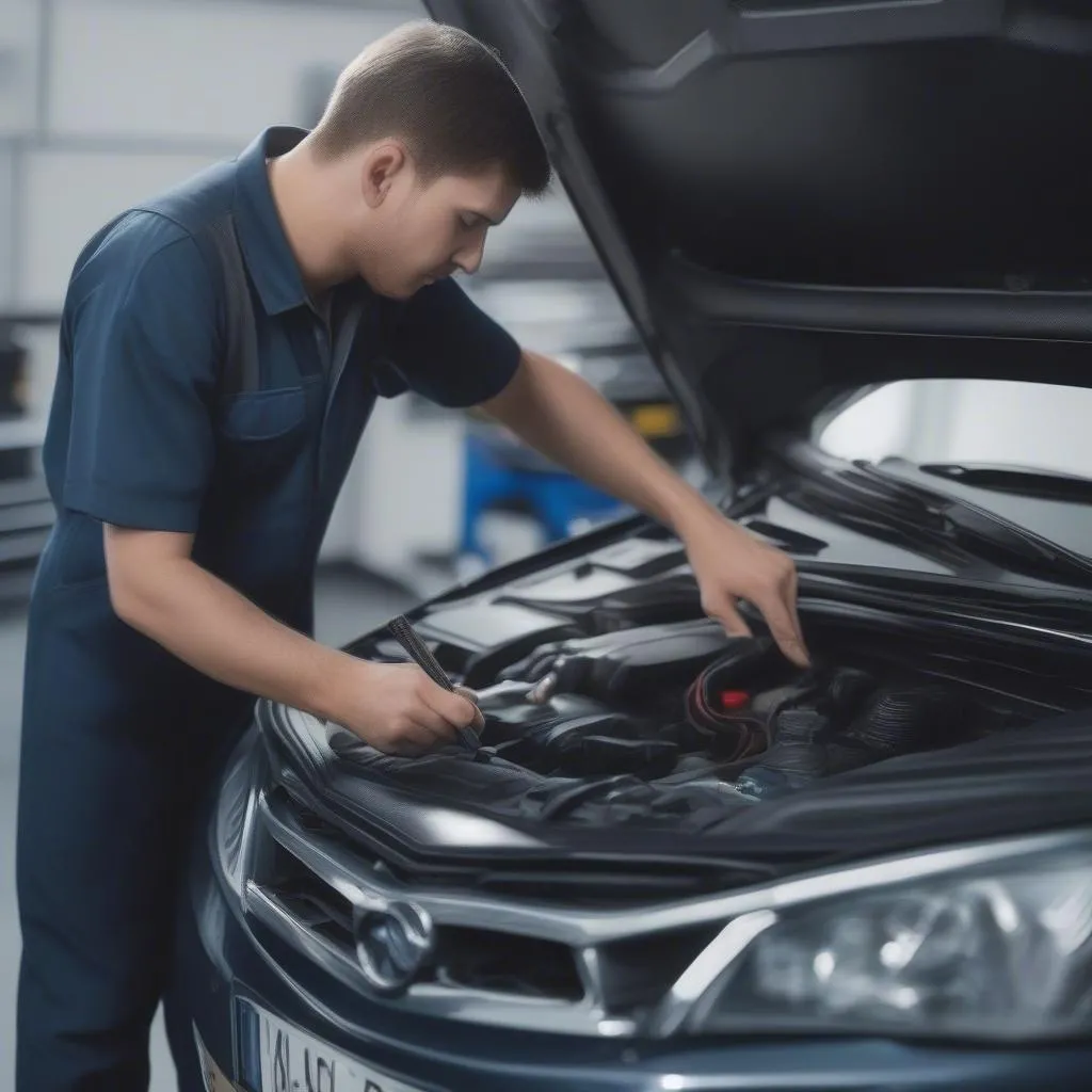 Mechanic using scanner tool for European cars