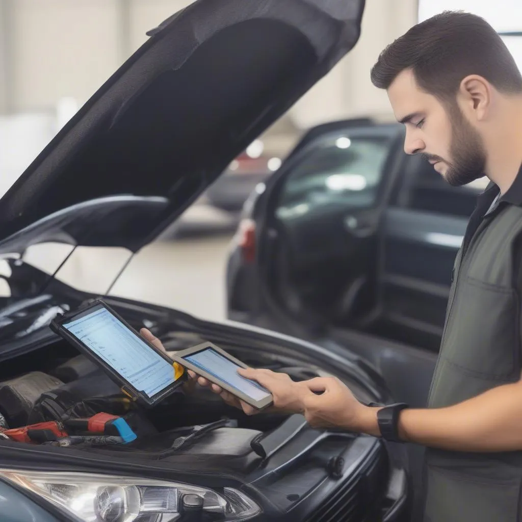 Mechanic using tablet to diagnose car