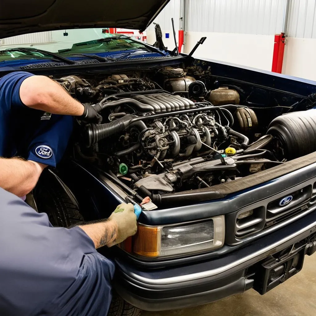 Mechanic Working On 1997 Ford F250 Engine