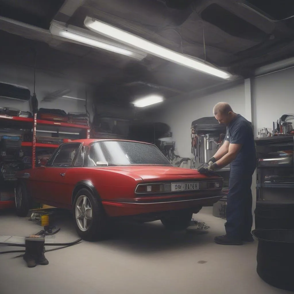 Un mécanicien travaille sur une voiture dans un garage