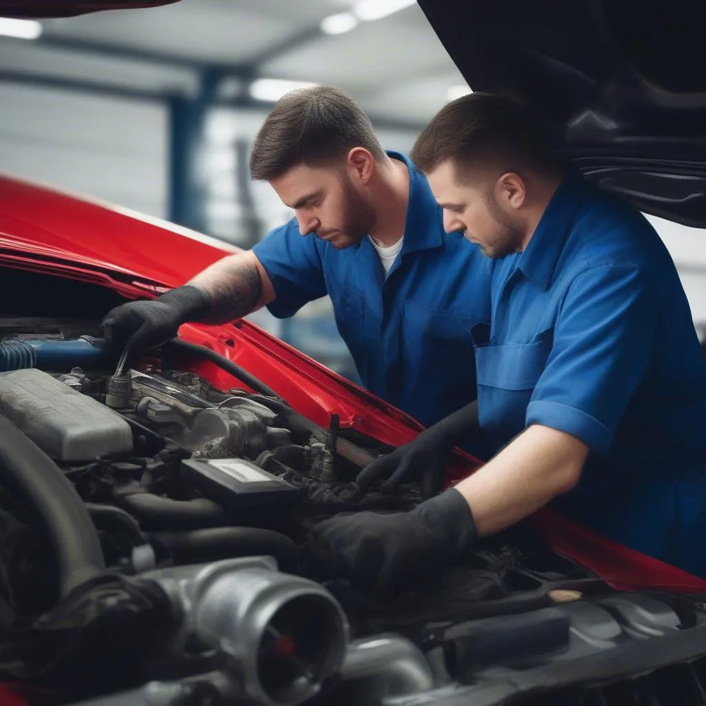 Mechanic inspecting car engine