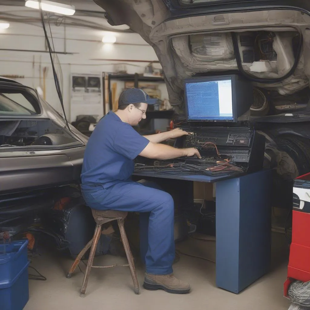 Mécanicien travaillant sur l'ordinateur d'une voiture