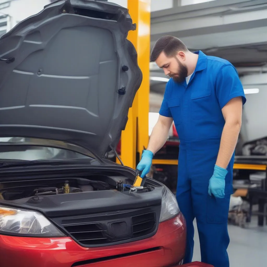 Mechanic working on car diagnostics