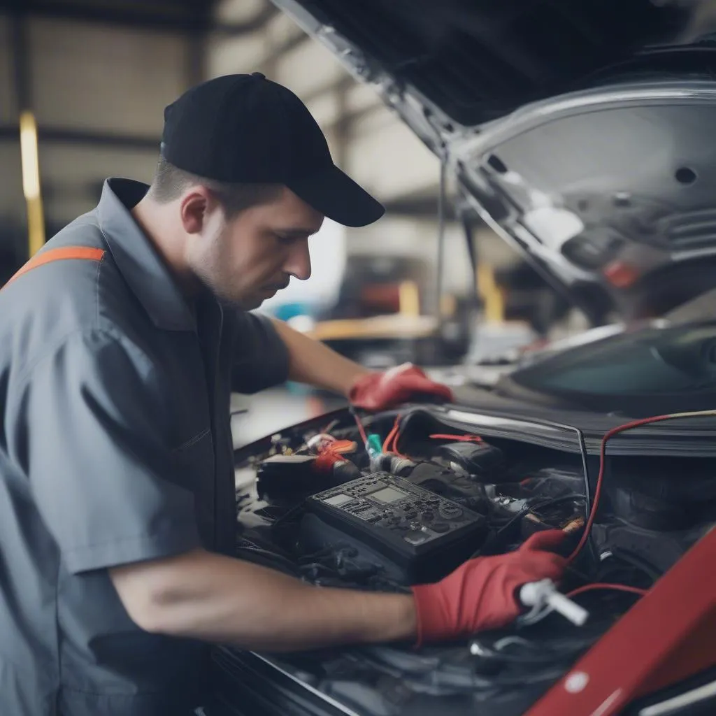 Mécanicien travaillant sur l'électronique d'une voiture