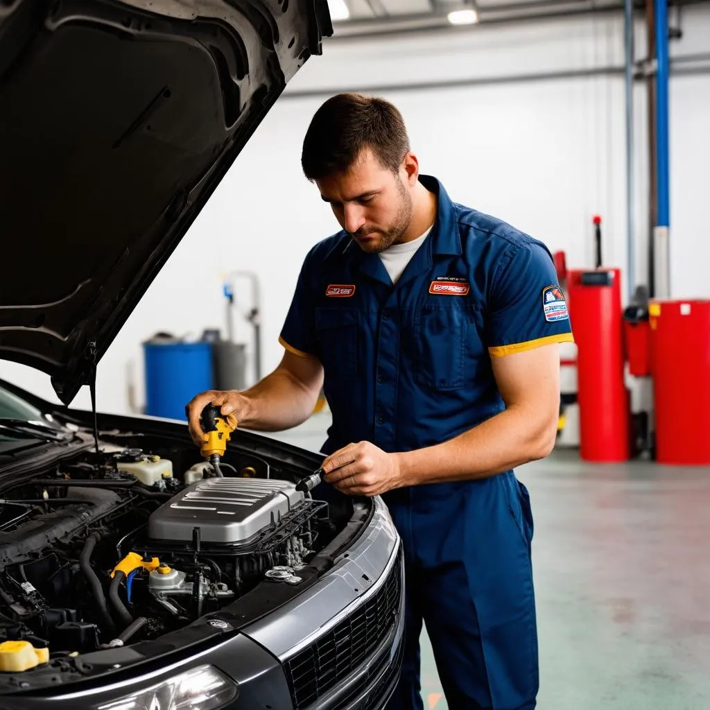 Mécanicien travaillant sur un moteur de voiture