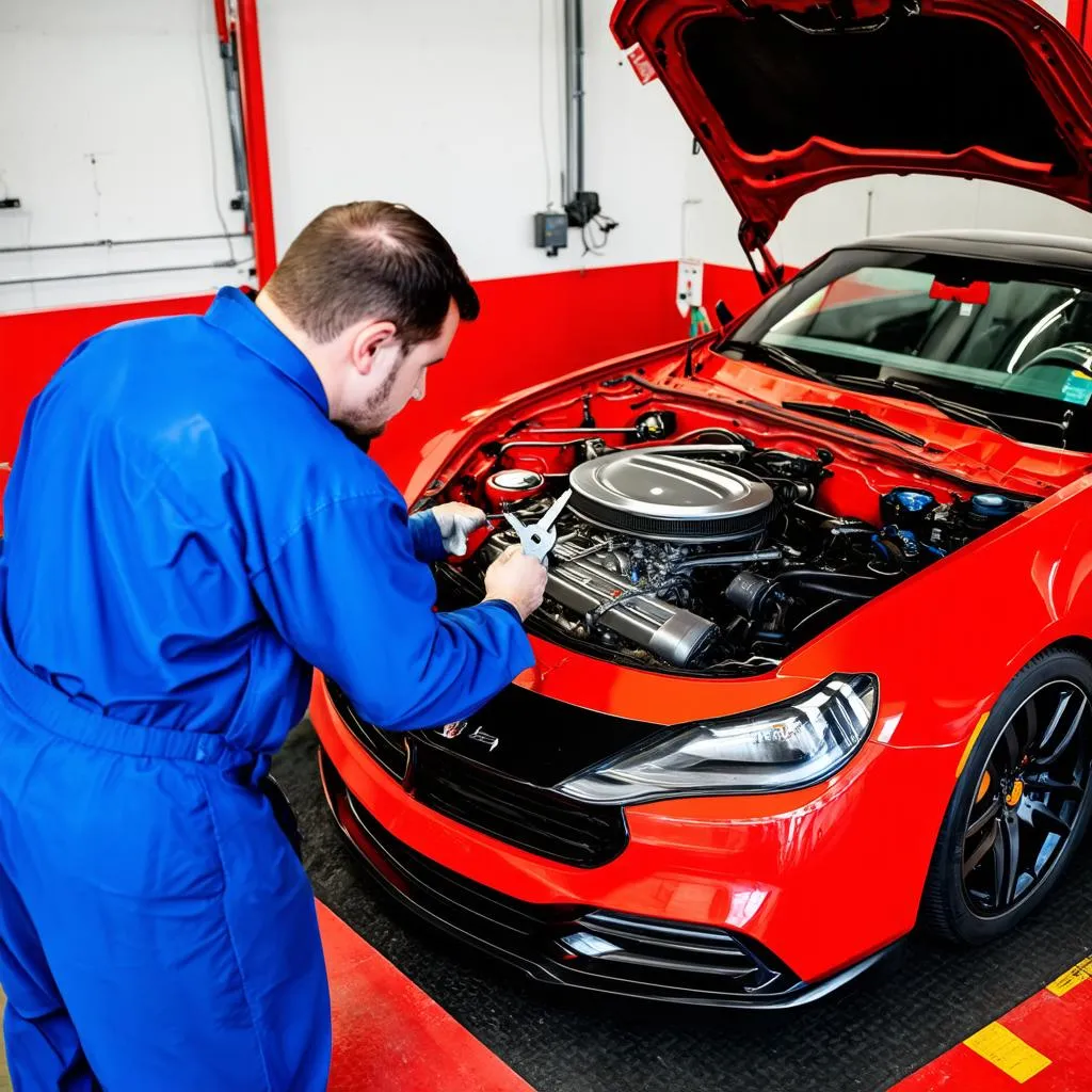 Mécanicien travaillant sur le moteur d'une voiture