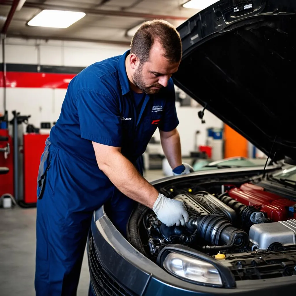 Mechanic working on car engine