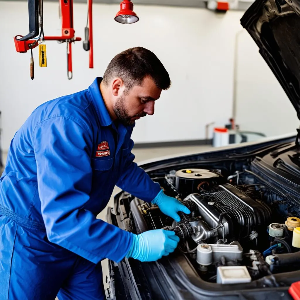 Mechanic working on car engine