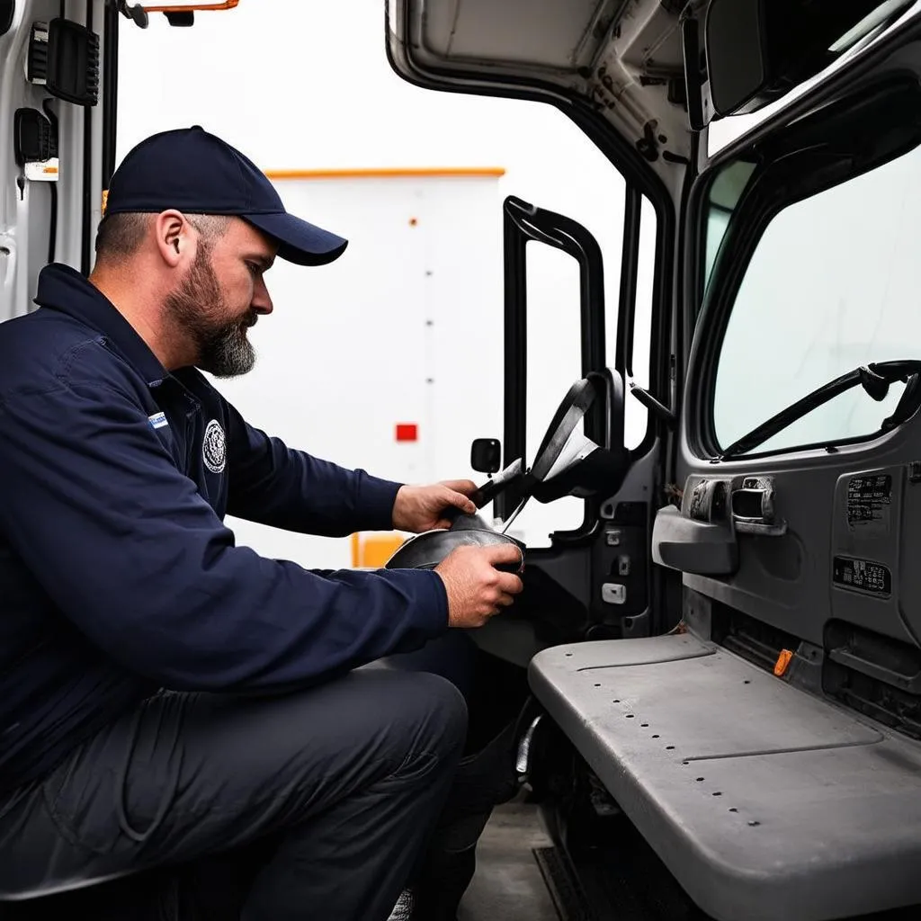 Mécanicien travaillant sur Freightliner Cascadia