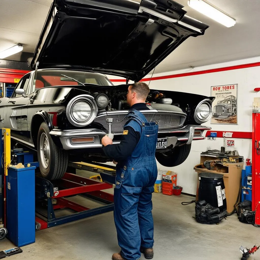 Mécanicien travaillant sur une voiture ancienne dans un garage