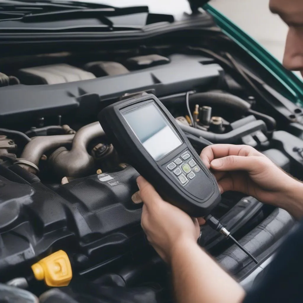 Mécanicien utilisant un outil de diagnostic