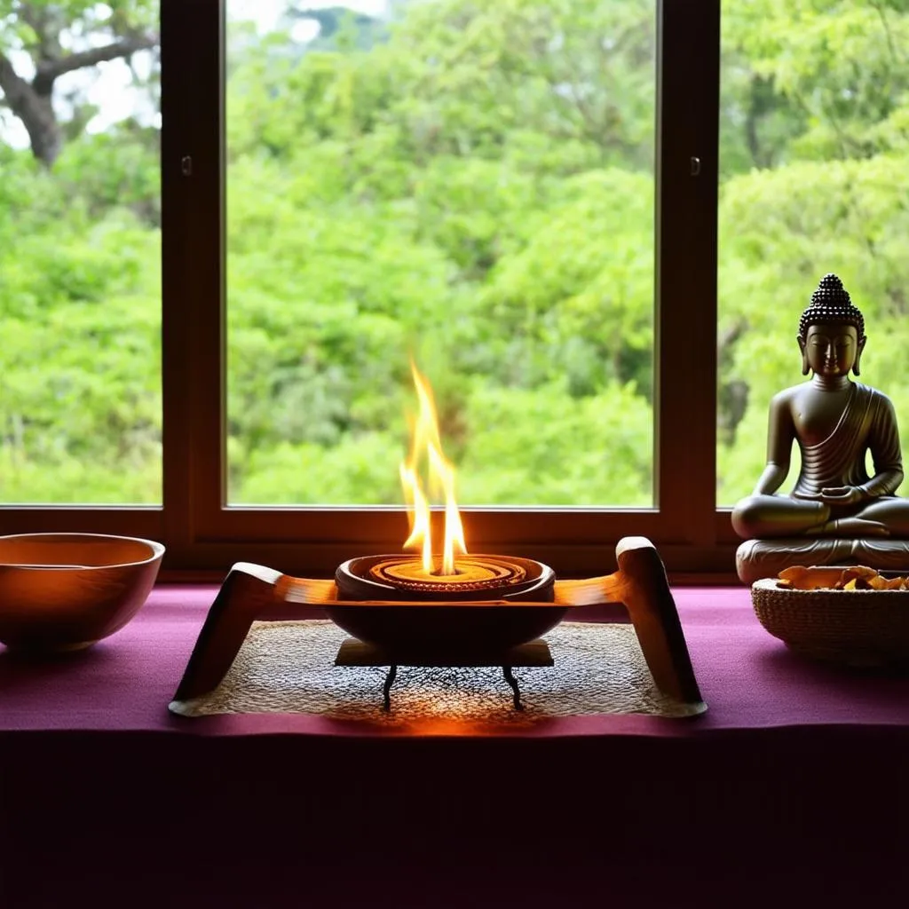 Autel de méditation avec encens et statue de Bouddha