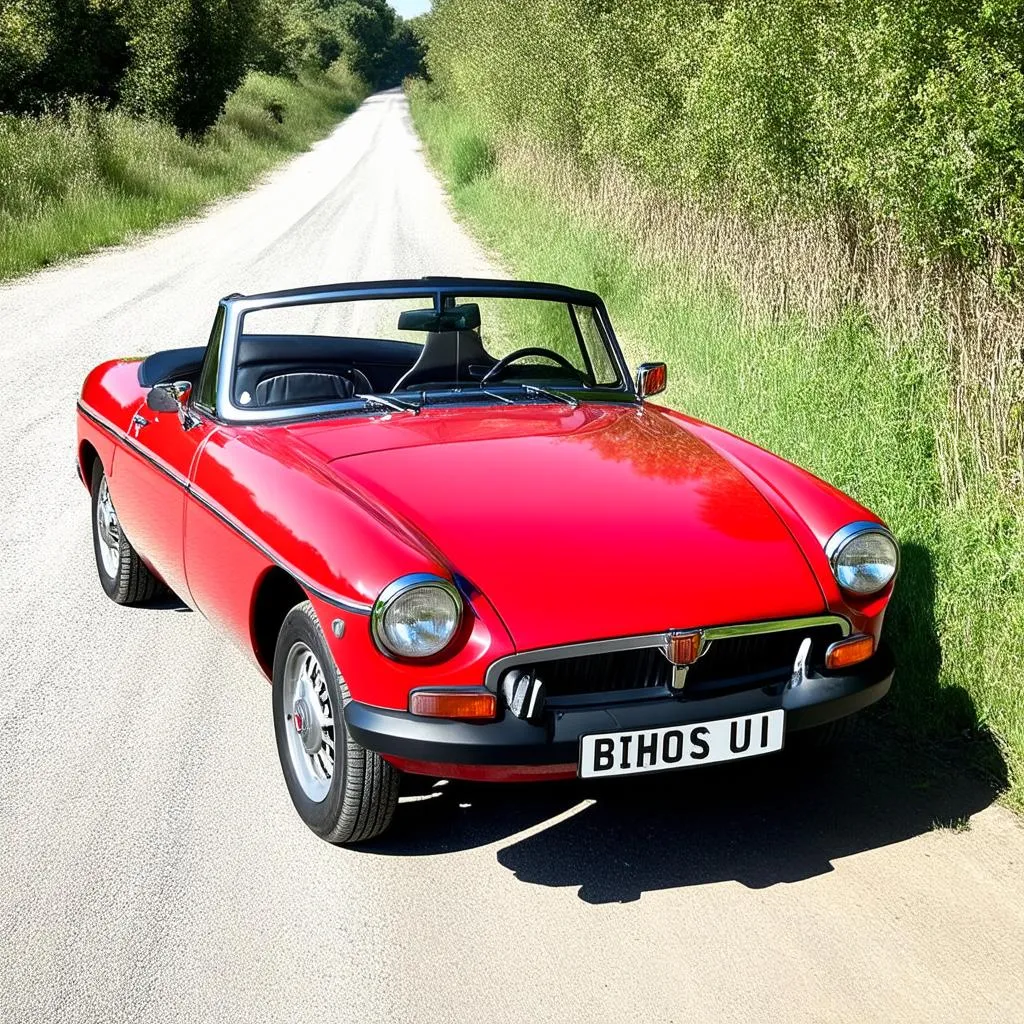 Voiture de sport MGB Roadster rouge garée sur une route de campagne