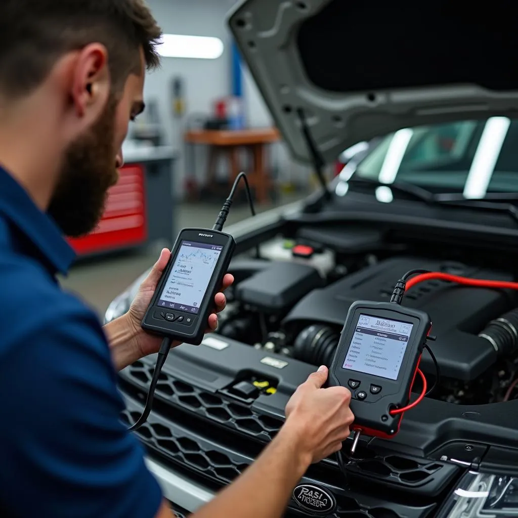 Moteur Range Rover Evoque en cours de diagnostic