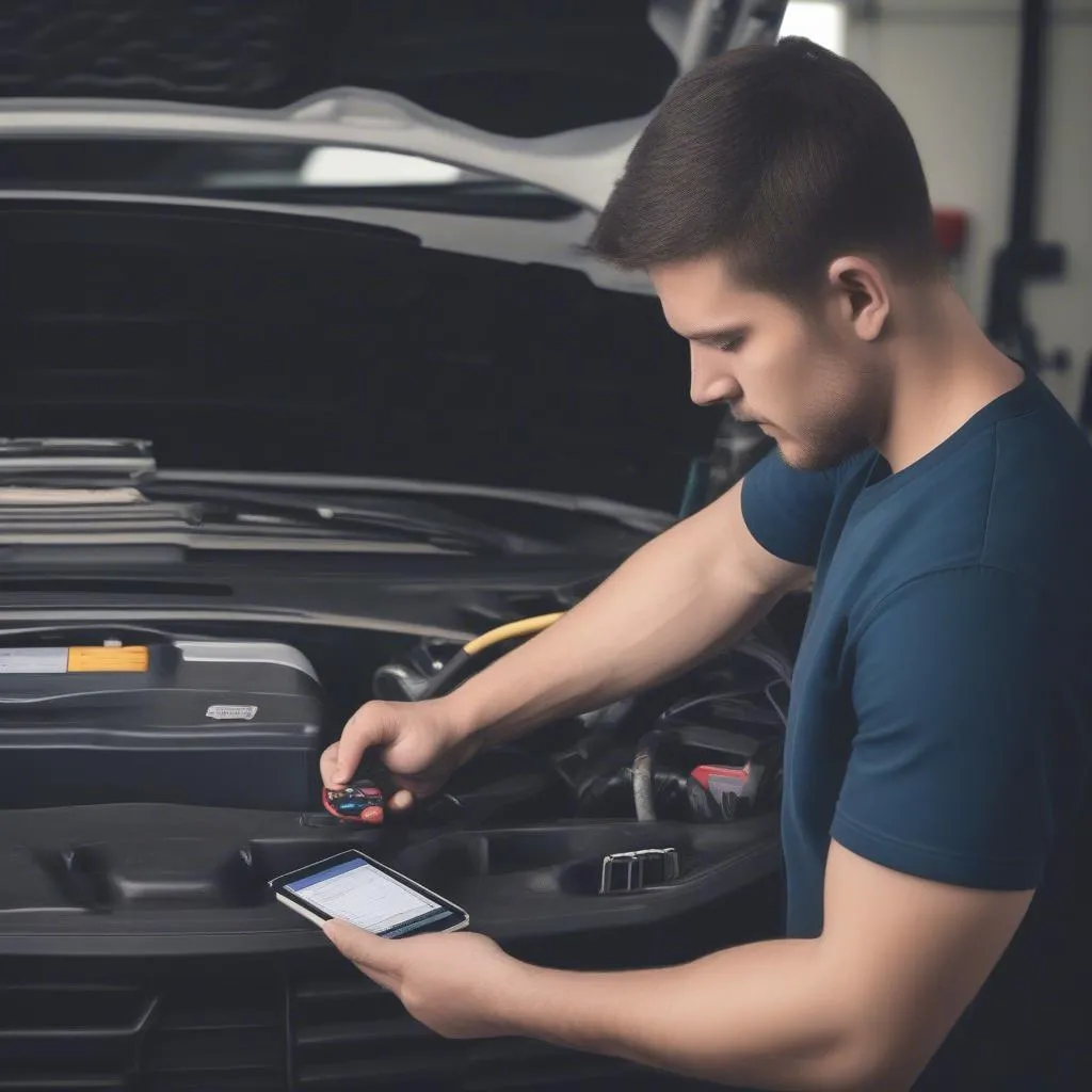 Un mécanicien utilise Motordata Obd Full Apk pour diagnostiquer un véhicule dans un garage