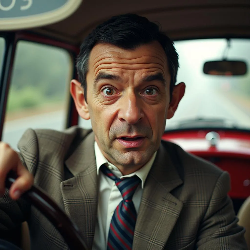 Mr. Bean conduisant sa Mini Cooper de manière chaotique, illustrant son style de conduite comique.