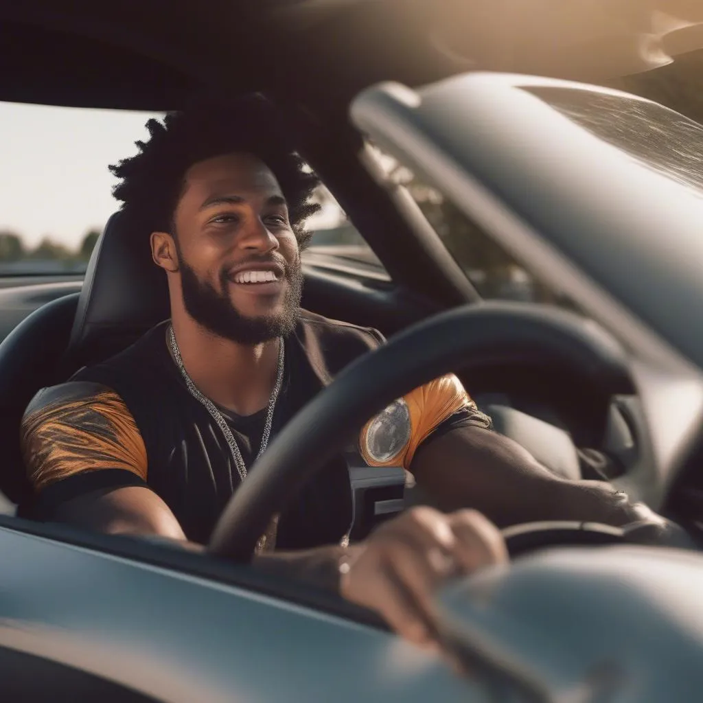 Football player driving a luxury car