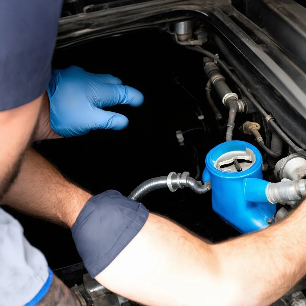 Mécanicien réparant un système d'évent de réservoir de carburant