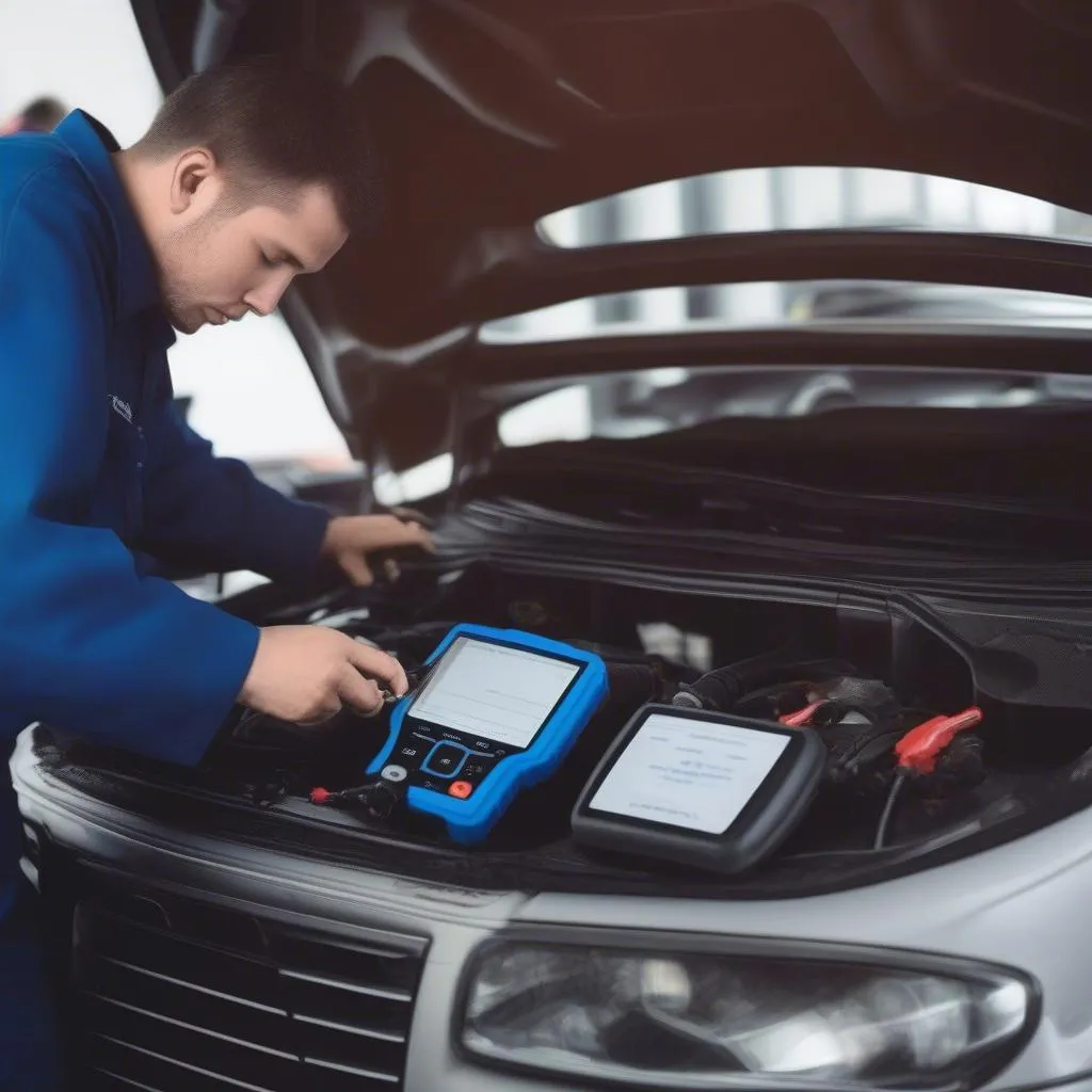 Un mécanicien utilisant un lecteur OBD sur une voiture