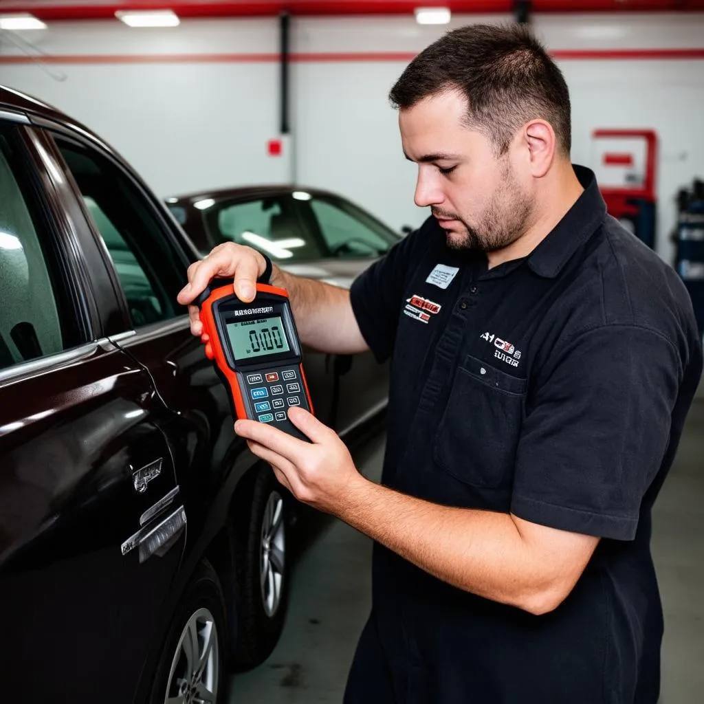 Un mécanicien utilisant un scanner OBD pour diagnostiquer un problème sur une voiture.