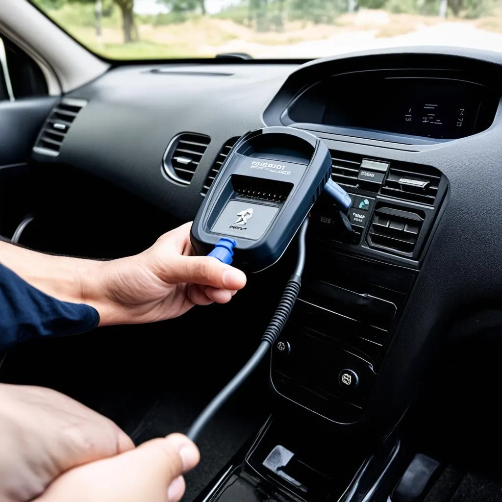 Lecteur de code OBD2 branché sur une Peugeot 308