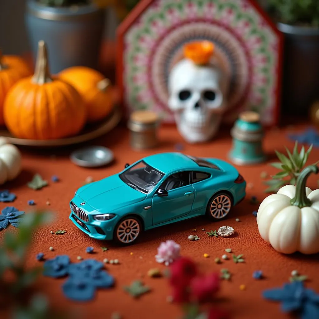 Offrandes sur un autel de la Fête des Morts avec une voiture miniature