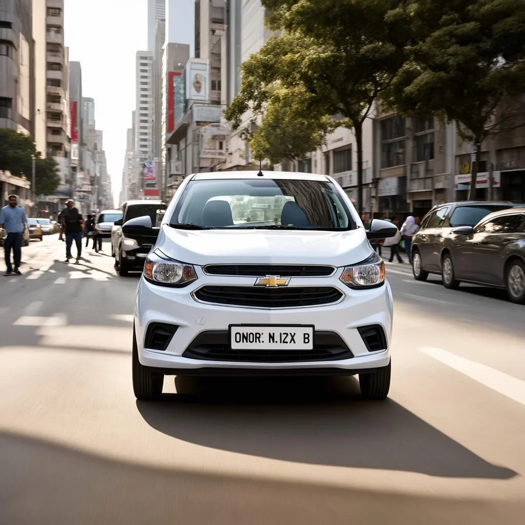 Chevrolet Onix driving in a busy city street