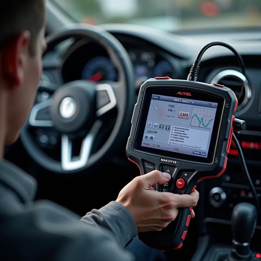 Outil de diagnostic automobile Autel MaxiSys en cours d'utilisation sur une voiture