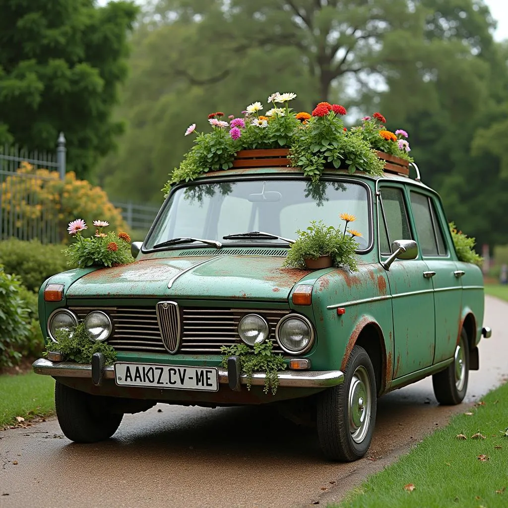 Voiture avec un banc de jardin comme pare-chocs