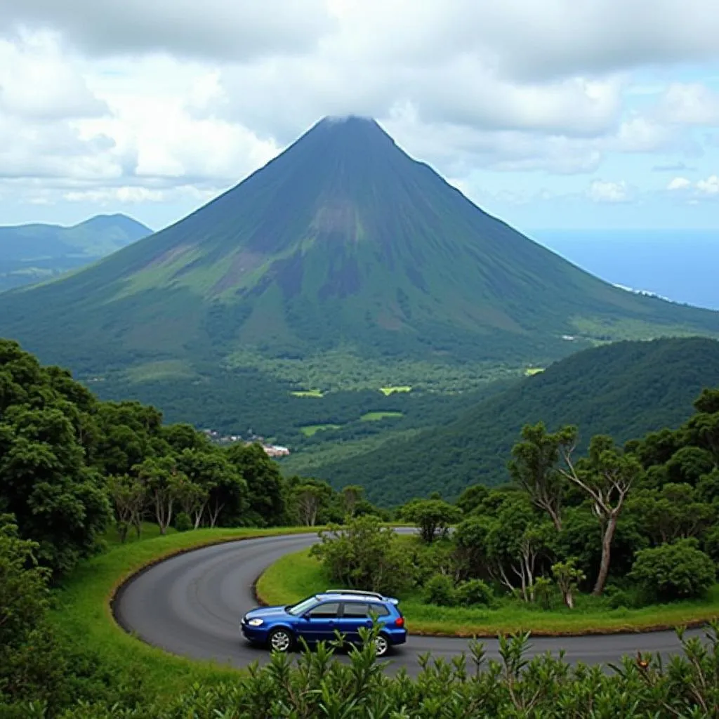 Paysage volcanique du Costa Rica avec une voiture sur une route sinueuse