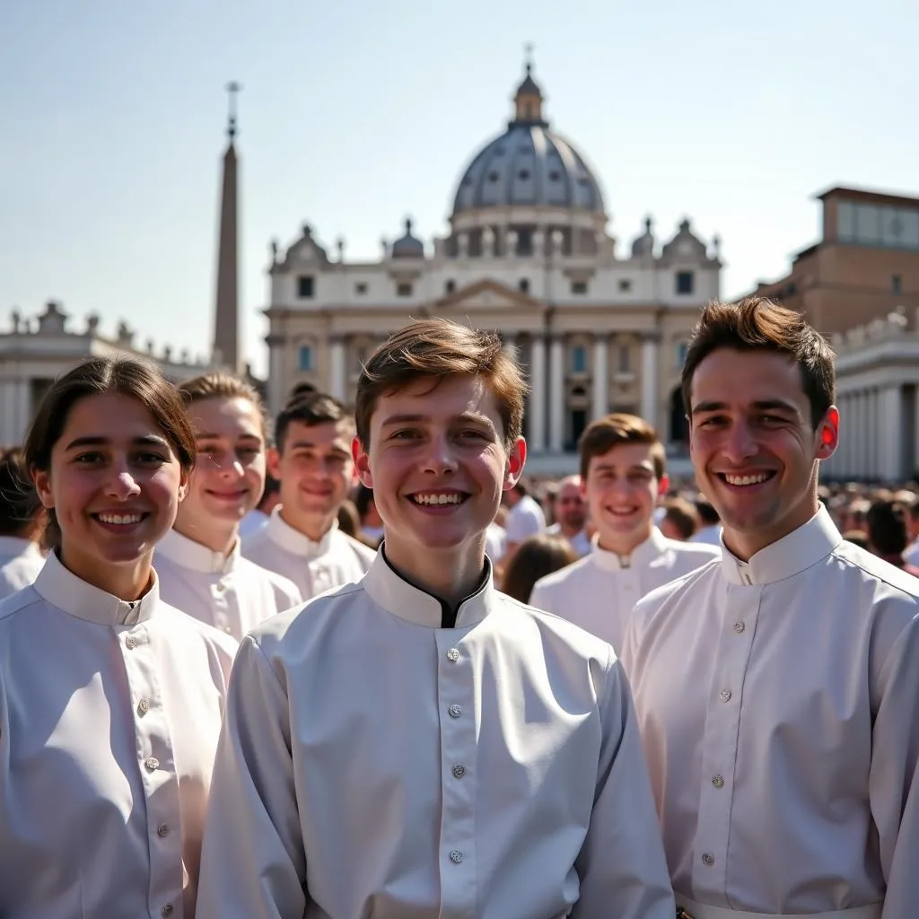 Servants d'autel en pèlerinage à Rome, devant la basilique Saint-Pierre