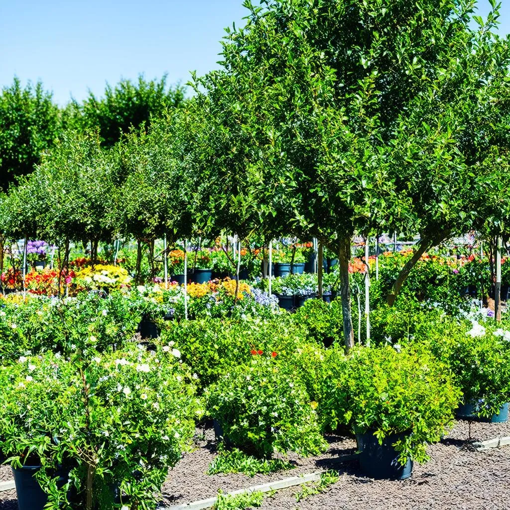 Une pépinière avec une variété de plantes et d'arbres