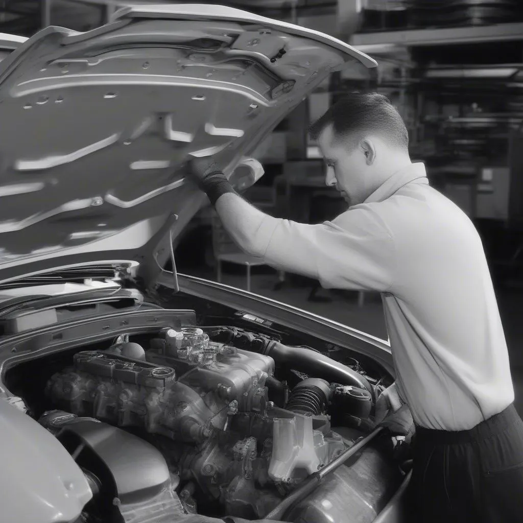 Un technicien automobile examine un composant de moteur d'une voiture européenne