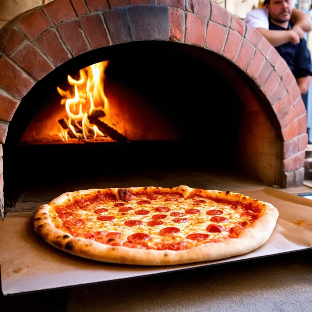 Une pizza cuit dans un four à bois dans une pizzeria à Saint-Laurent-des-Autels